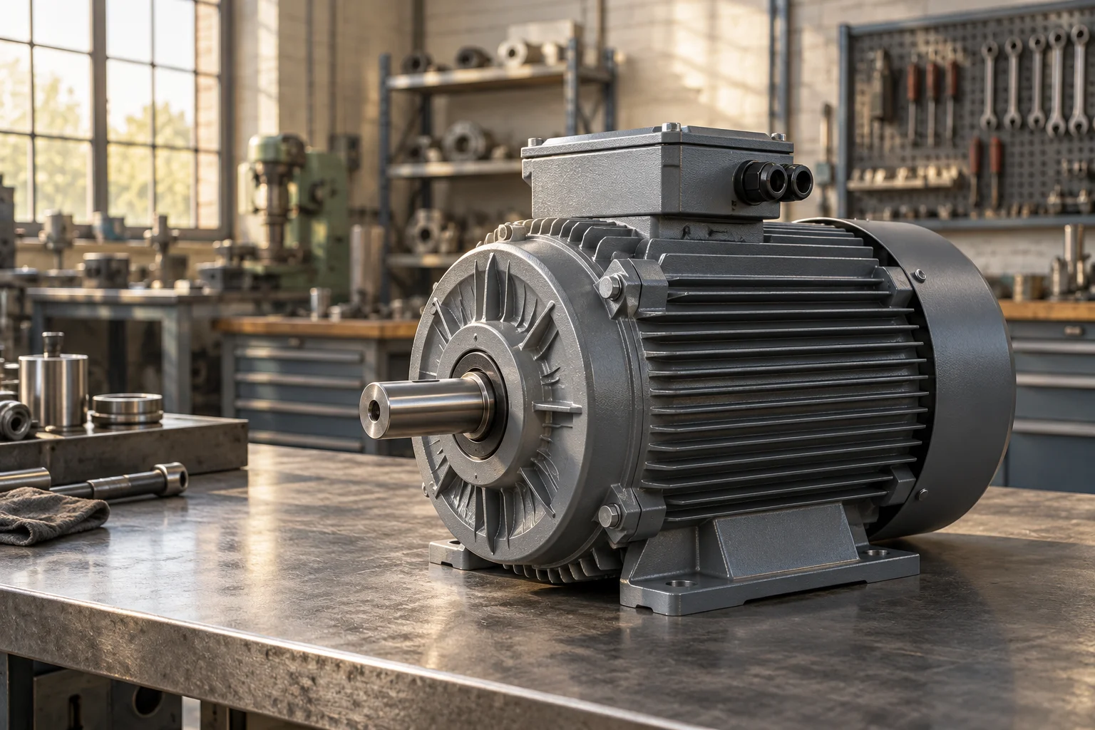 AI-generated illustration of an industrial electric motor on a workshop bench